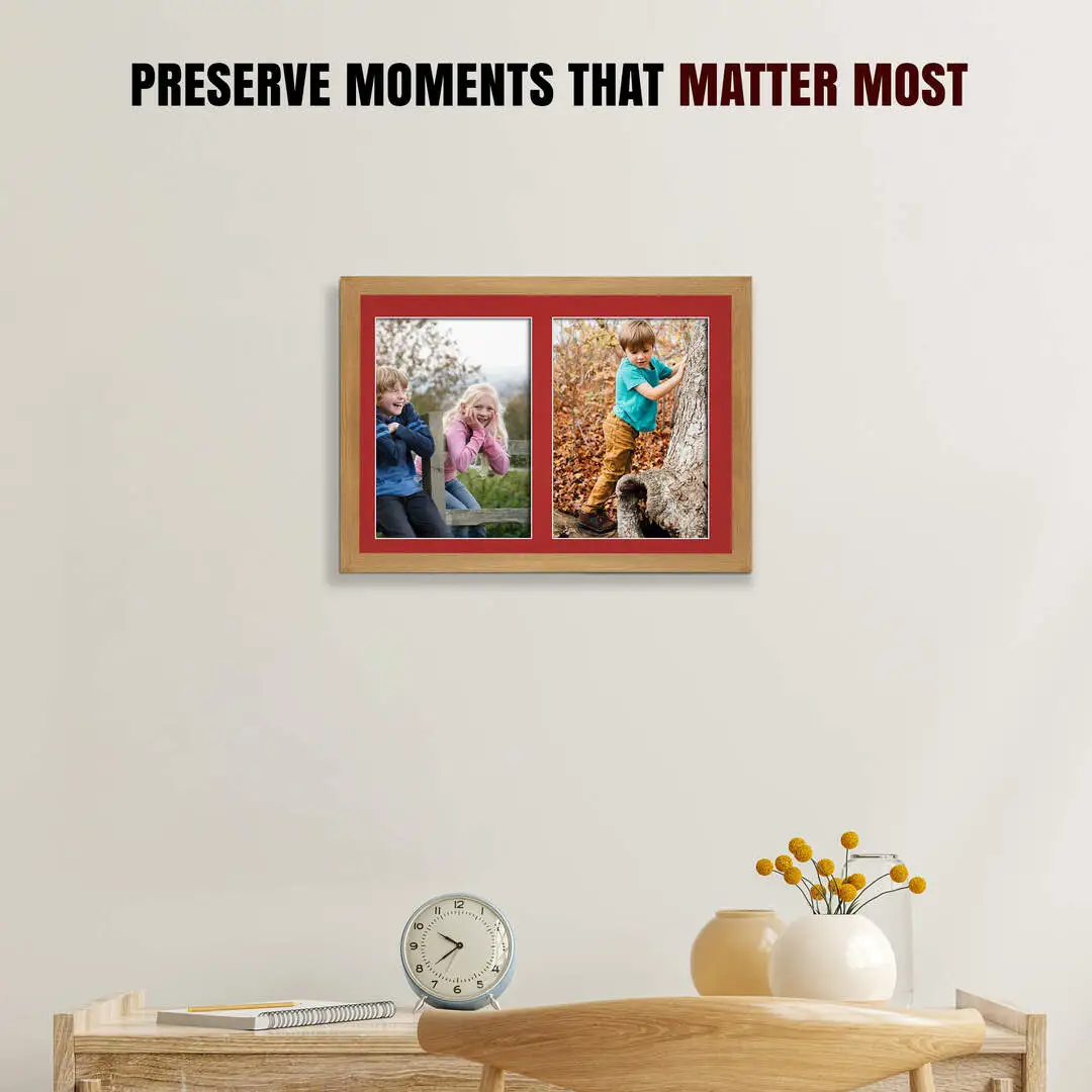 20x14" Oak Sleek Multi Aperture Photo Frame Holds A4 (x2) Photos With Crimson Mount | Modern Collage Frame thumbnail 2