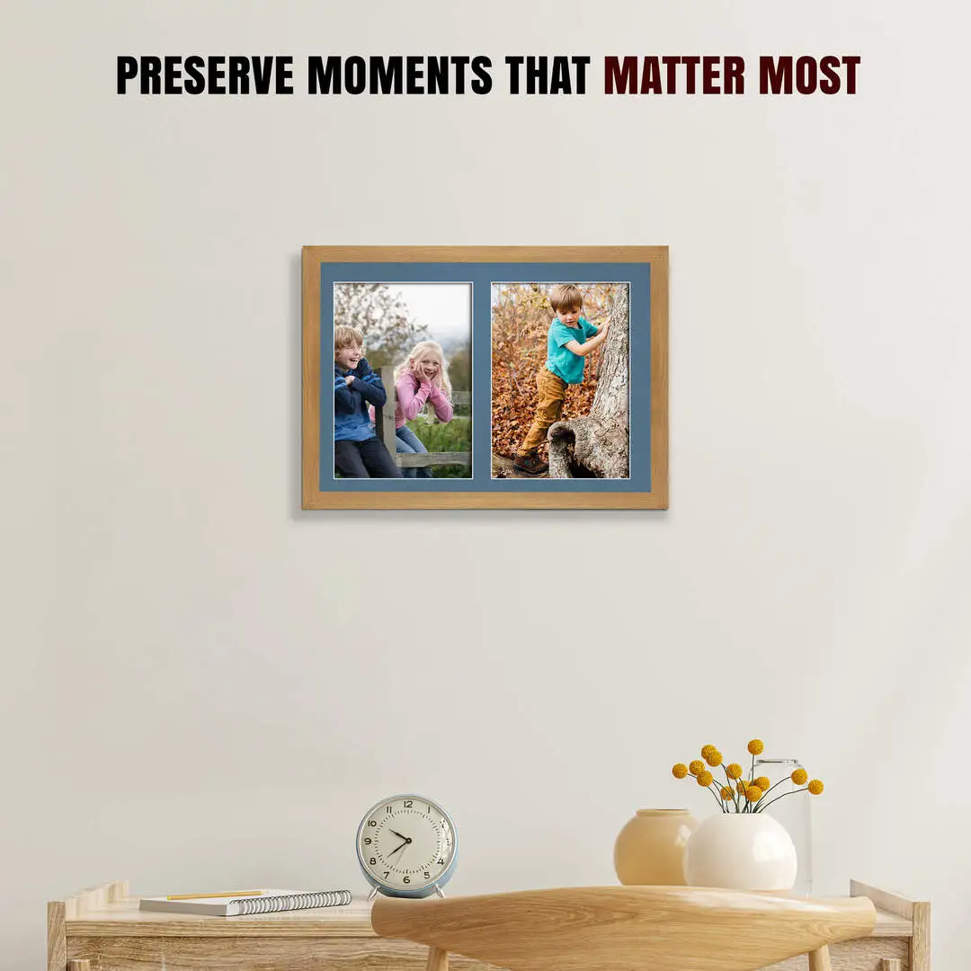 20x14" Oak Sleek Multi Aperture Photo Frame Holds A4 (x2) Photos With Pompador Mount | Modern Collage Frame thumbnail 2