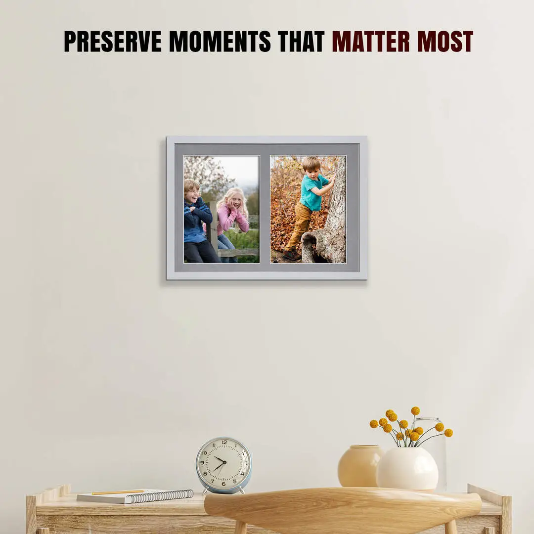 20x14" Silver Sleek Multi Aperture Photo Frame Holds A4 (x2) Photos With Mid Grey Mount | Modern Collage Frame thumbnail 2