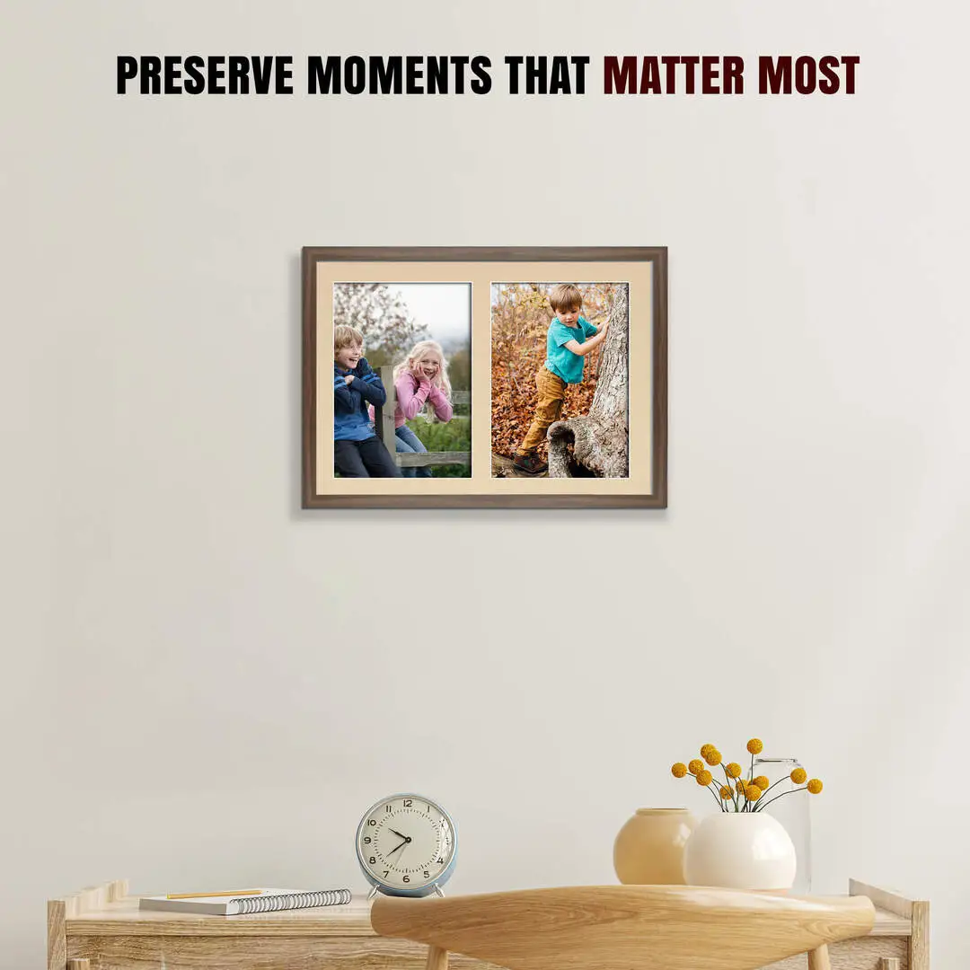 20x14" Walnut Sleek Multi Aperture Photo Frame Holds A4 (x2) Photos With Ivory Mount | Modern Collage Frame thumbnail 2