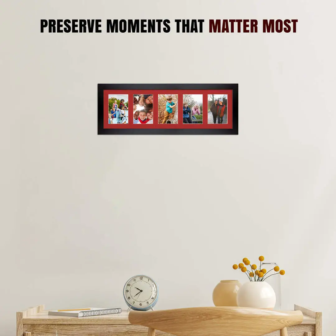 26x8" Black Sleek Multi Aperture Photo Frame Holds 6x4" (x5) Photos With Crimson Mount | Modern Collage Frame thumbnail 2