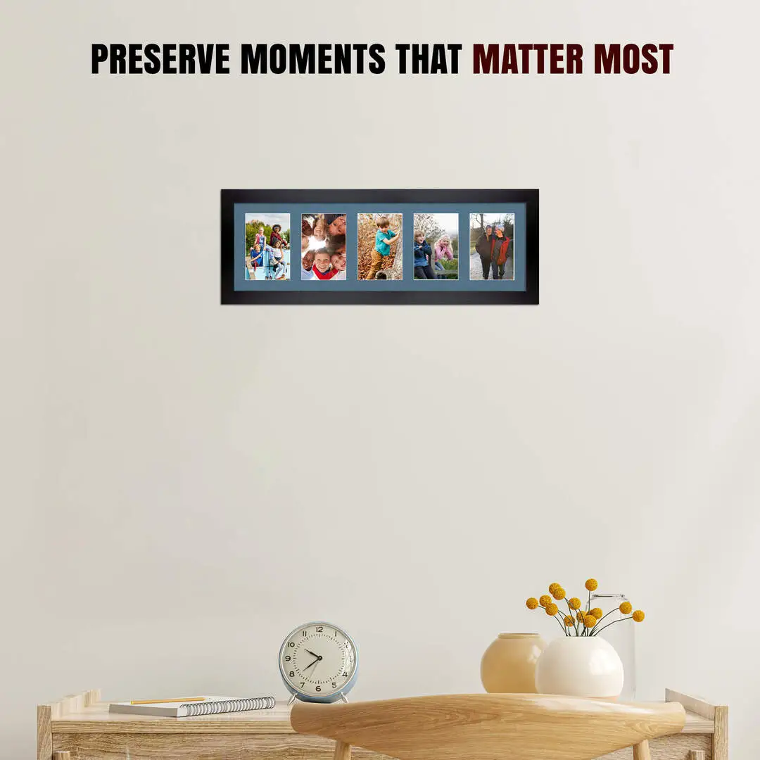 26x8" Black Sleek Multi Aperture Photo Frame Holds 6x4" (x5) Photos With Pompador Mount | Modern Collage Frame thumbnail 2