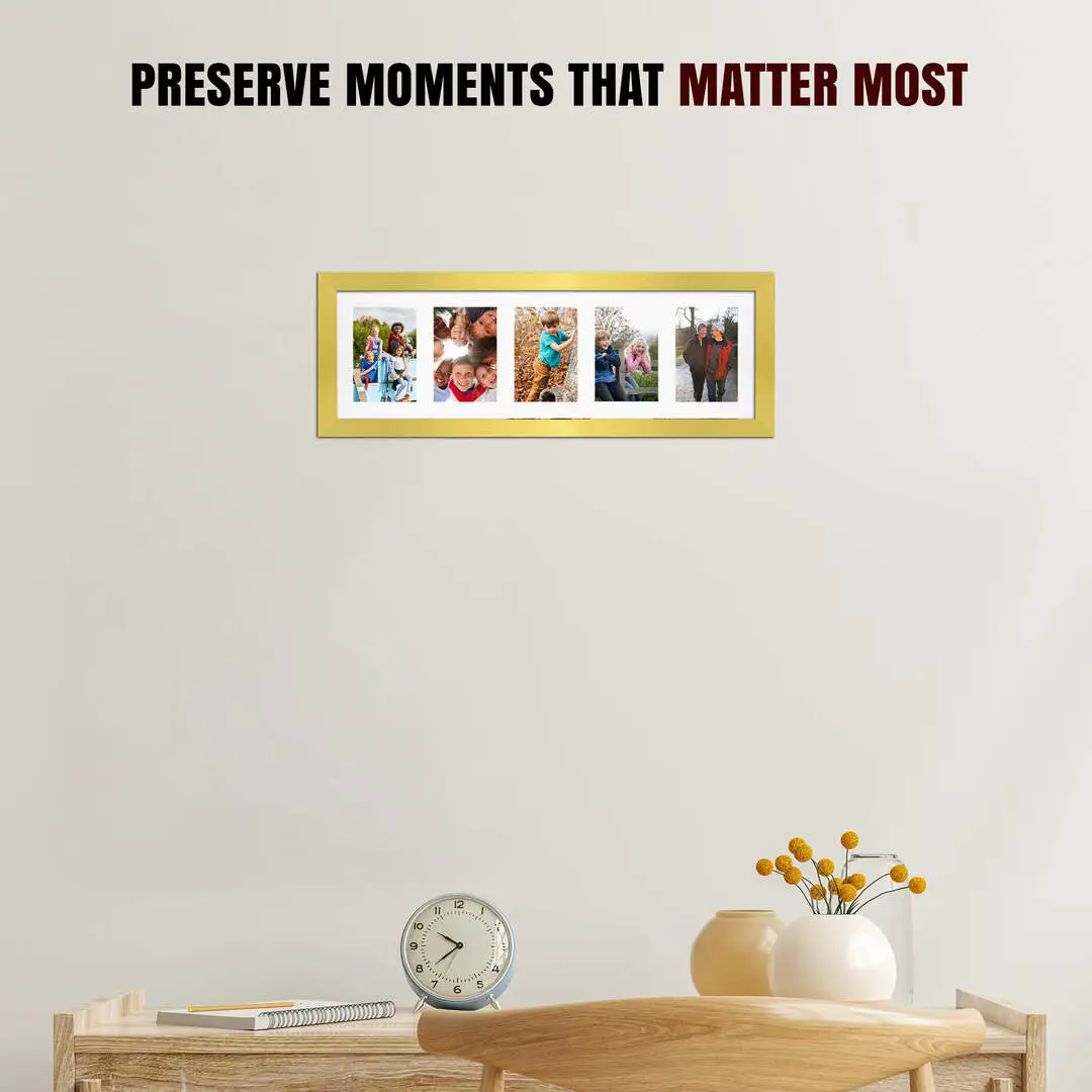 26x8" Gold Sleek Multi Aperture Photo Frame Holds 6x4" (x5) Photos With Ice White Mount | Modern Collage Frame thumbnail 2