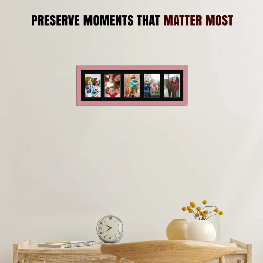 26x8" Pastel Pink Sleek Multi Aperture Photo Frame Holds 6x4" (x5) Photos With Black Mount | Modern Collage Frame thumbnail 2
