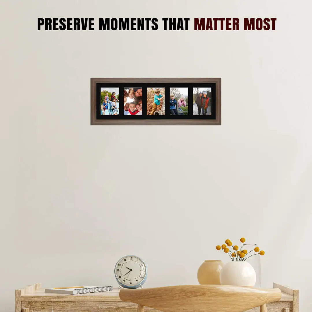 26x8" Walnut Sleek Multi Aperture Photo Frame - Fits 6x4" (x5) Photos | Collage Frame thumbnail 2