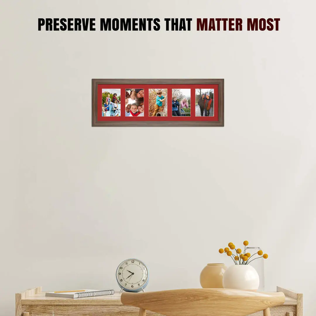 26x8" Walnut Sleek Multi Aperture Photo Frame - Fits 6x4" (x5) Photos | Collage Frame thumbnail 2