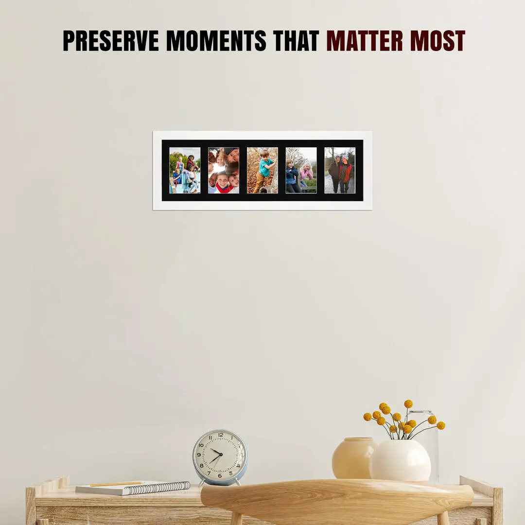 26x8" White Sleek Multi Aperture Photo Frame Holds 6x4" (x5) Photos With Black Mount | Modern Collage Frame thumbnail 2