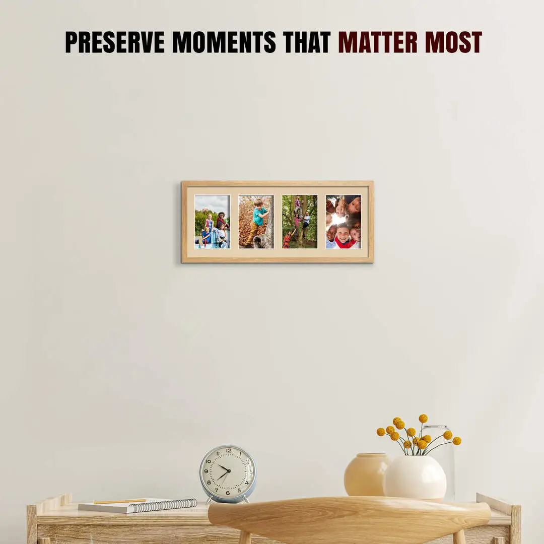 50x20cm Oak Sleek Multi Aperture Photo Frame Holds 6x4" (x4) Photos With Ivory Mount | Modern Collage Frame thumbnail 2