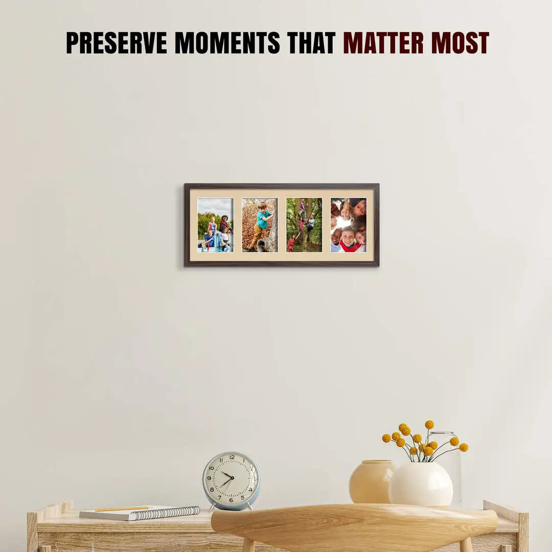 50x20cm Walnut Sleek Multi Aperture Photo Frame Holds 6x4" (x4) Photos With Ivory Mount | Modern Collage Frame thumbnail 2