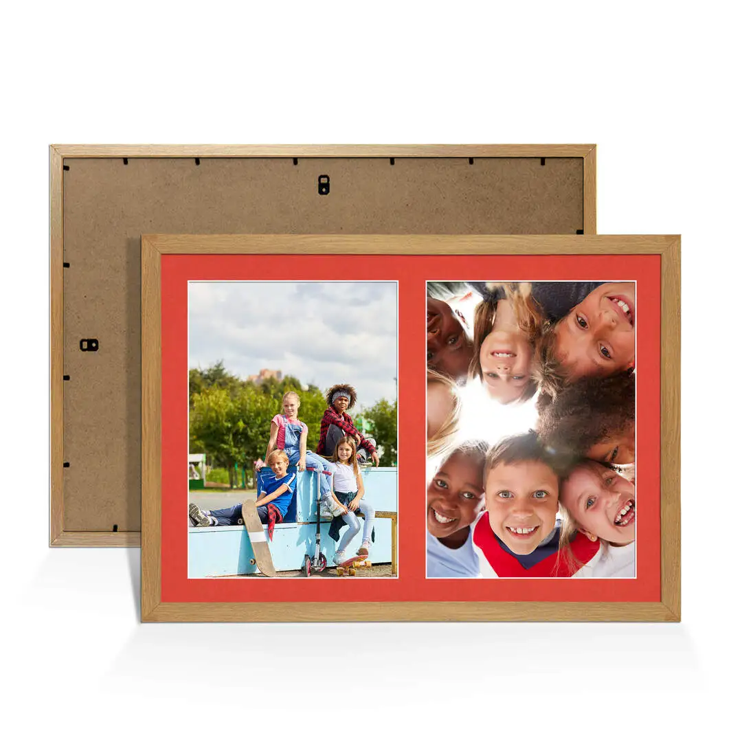 20x14" Oak Modern Multi Aperture Photo Frame Holds A4 (x2) Photos With Poppy Red Mount | Modern Collage Frame