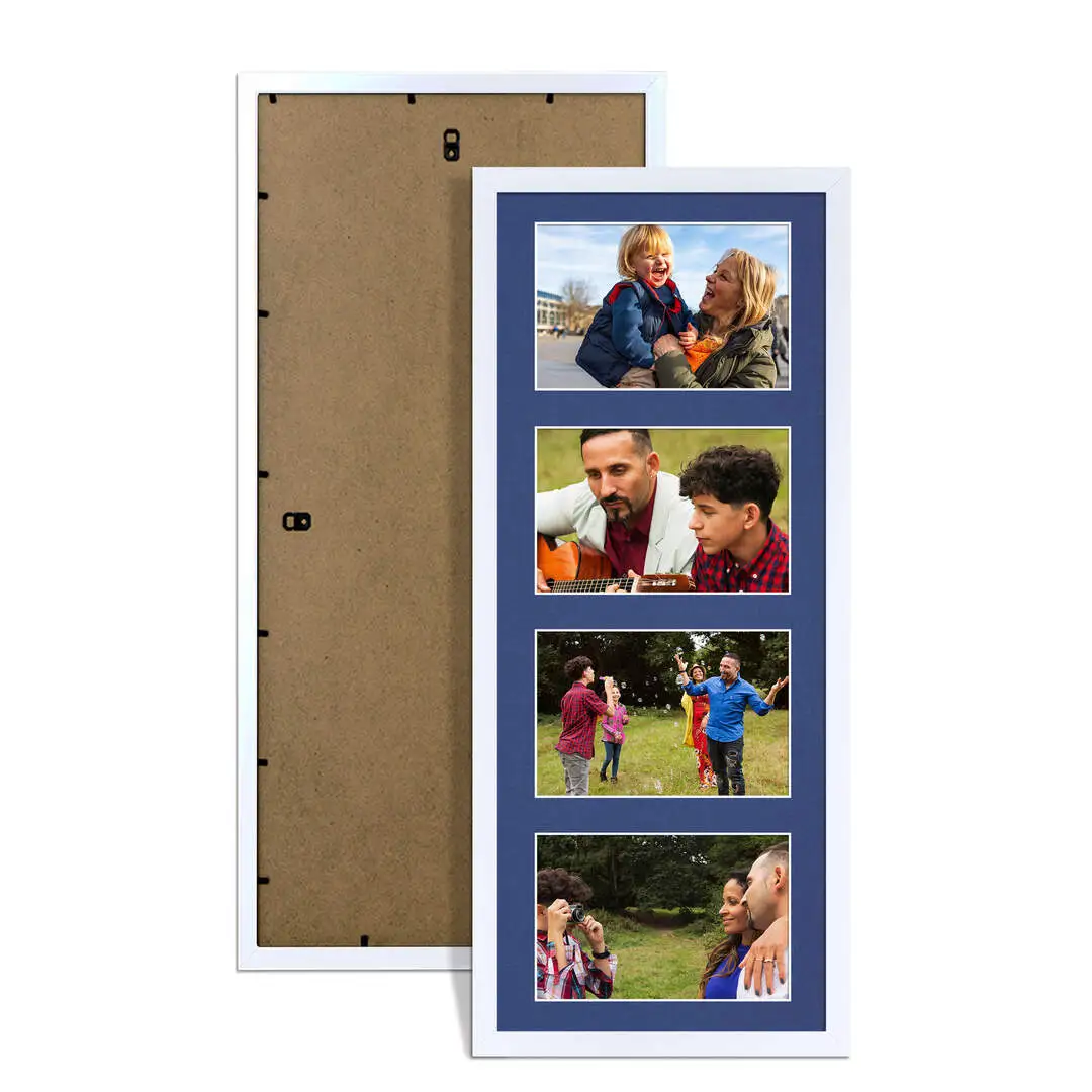 50x20cm White Sleek Multi Aperture Photo Frame Holds 6x4" (x4) Photos With Blue Mount | Modern Collage Frame