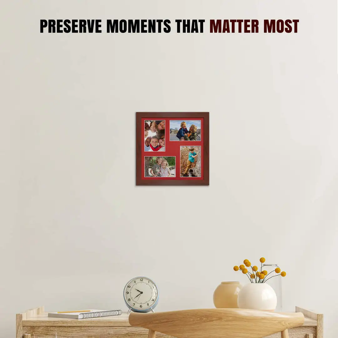 12x12" Rose Wood Modern Multi Aperture Photo Frame Holds 6x4" (x4) Photos With Crimson Mount | Modern Collage Frame thumbnail 2