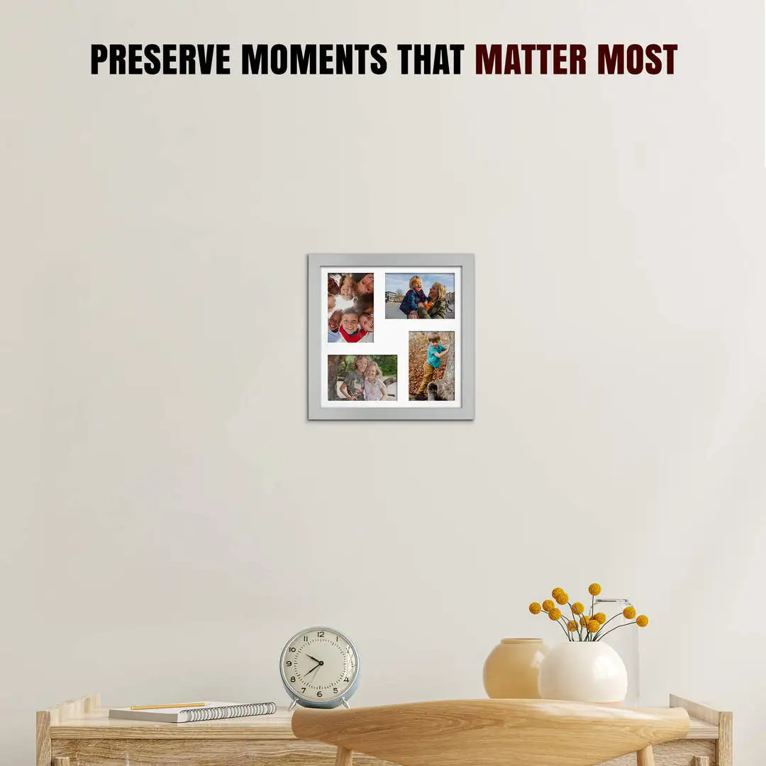 12x12" Silver Modern Multi Aperture Photo Frame Holds 6x4" (x4) Photos With Ice White Mount | Modern Collage Frame thumbnail 2