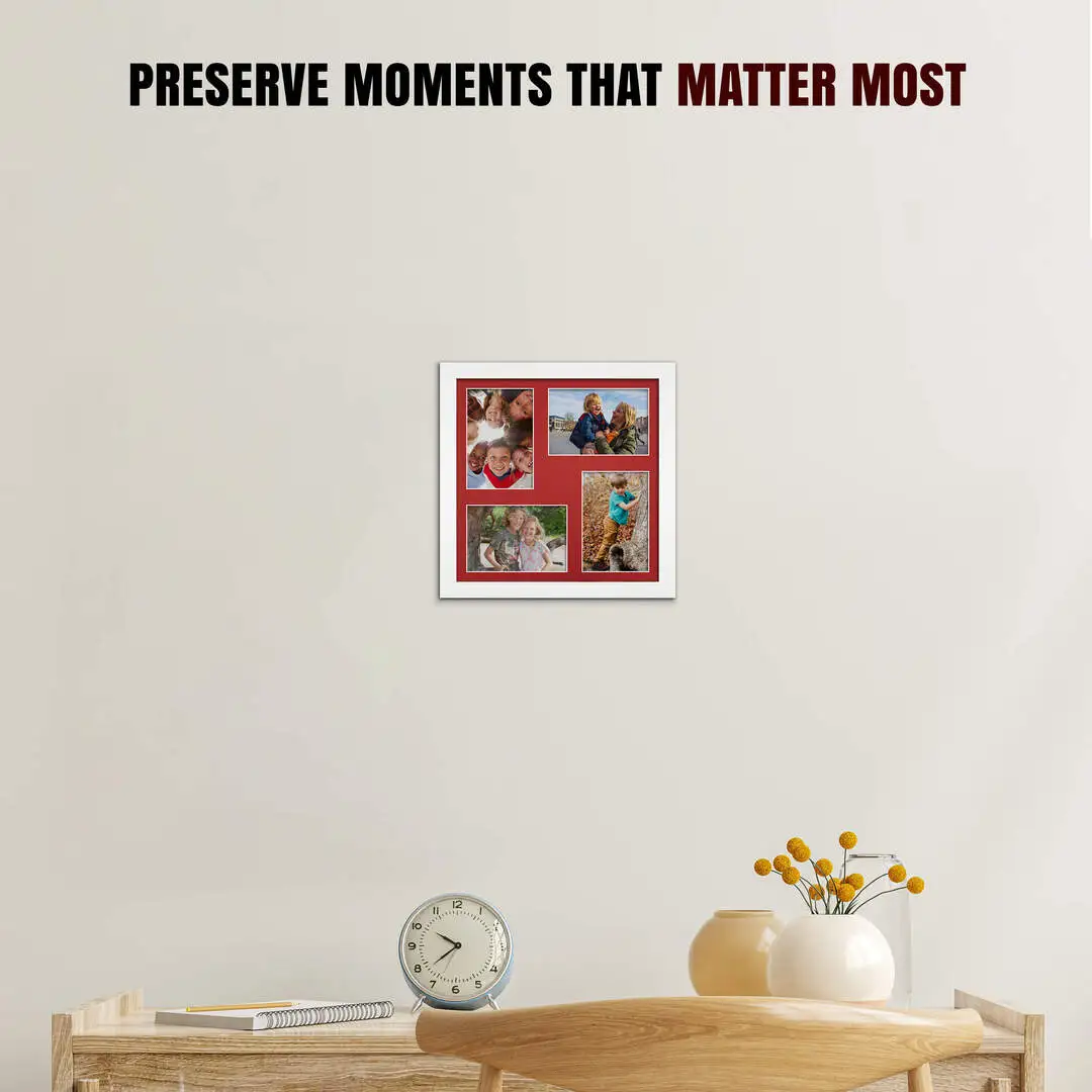 12x12" White Modern Multi Aperture Photo Frame Holds 6x4" (x4) Photos With Crimson Mount | Modern Collage Frame thumbnail 2