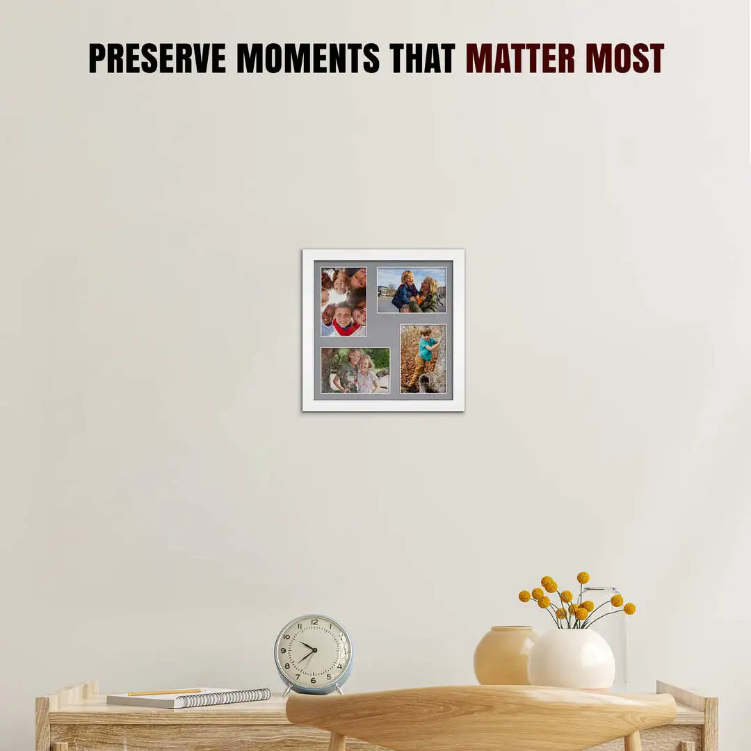 12x12" White Modern Multi Aperture Photo Frame Holds 6x4" (x4) Photos With Mid Grey Mount | Modern Collage Frame thumbnail 2