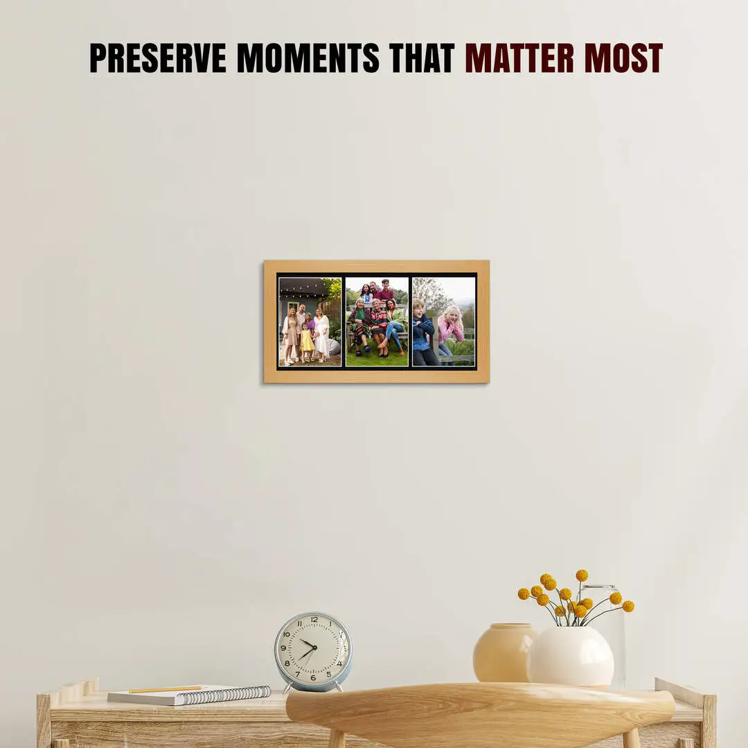 16x8" Country Pine Modern Multi Aperture Photo Frame Holds 7x5" (x3) Photos With Black Mount | Modern Collage Frame thumbnail 2