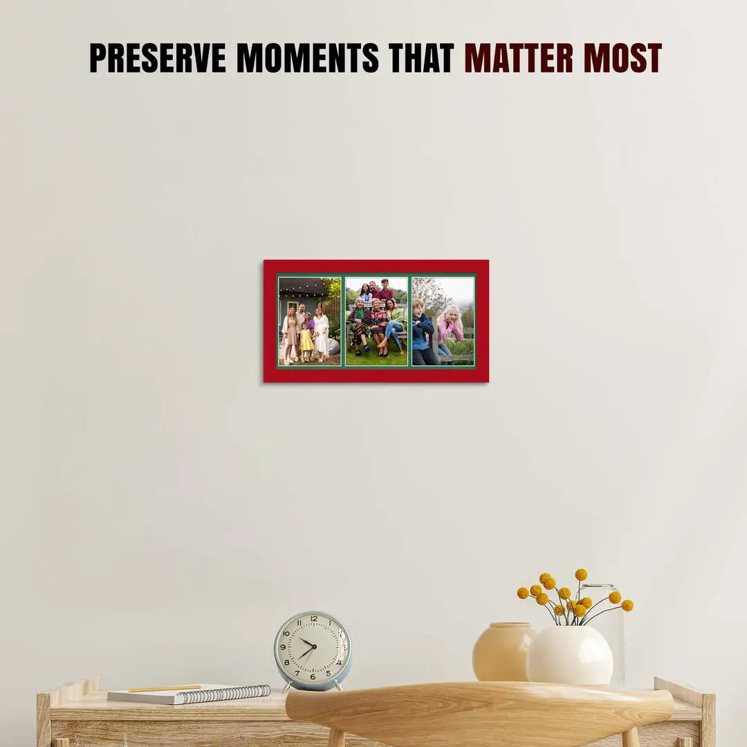 16x8" Red Modern Multi Aperture Photo Frame Holds 7x5" (x3) Photos With Emerald (Green) Mount | Modern Collage Frame thumbnail 2