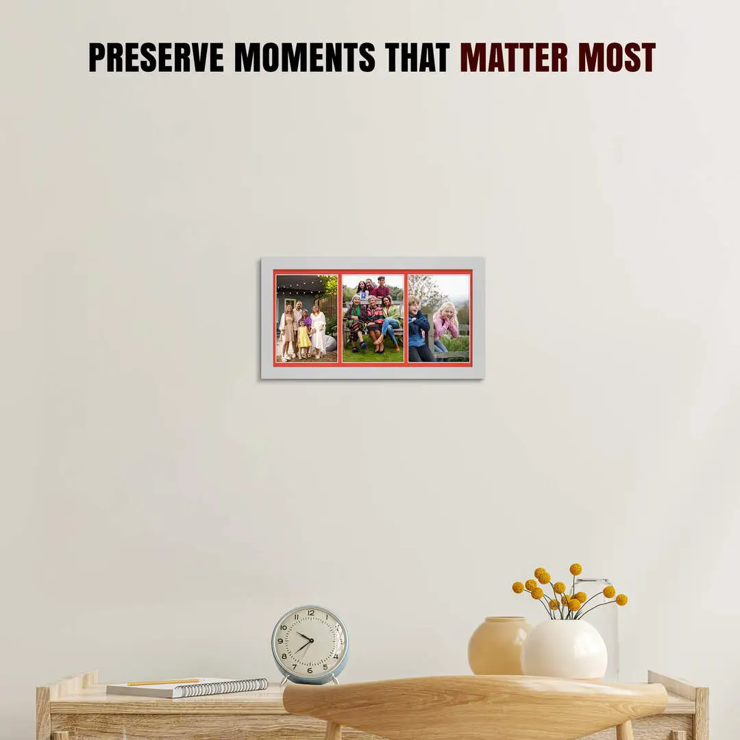 16x8" Silver Modern Multi Aperture Photo Frame Holds 7x5" (x3) Photos With Poppy Red Mount | Modern Collage Frame thumbnail 2