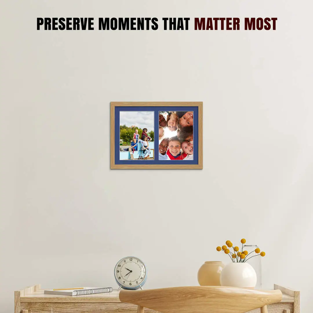 20x14" Light Oak Modern Multi Aperture Photo Frame Holds A4 (x2) Photos With Blue Mount | Modern Collage Frame thumbnail 2