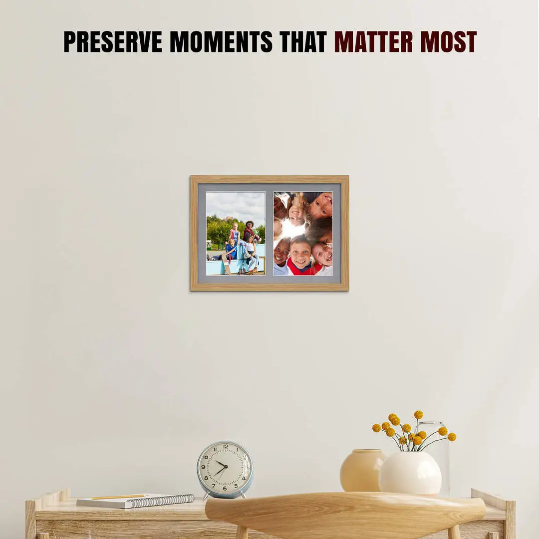 20x14" Light Oak Modern Multi Aperture Photo Frame Holds A4 (x2) Photos With Mid Grey Mount | Modern Collage Frame thumbnail 2