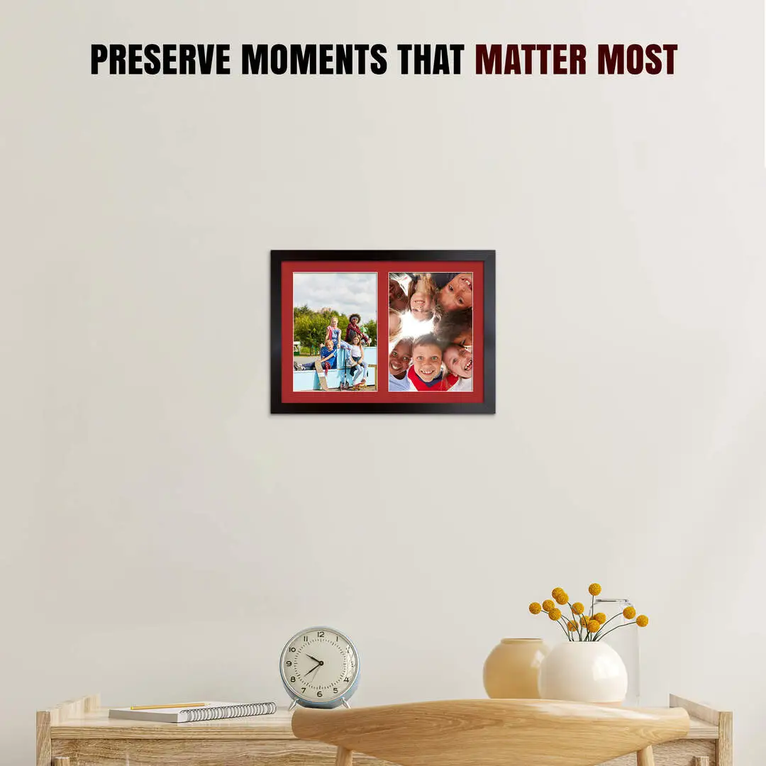 20x14" Matte Black Modern Multi Aperture Photo Frame Holds A4 (x2) Photos With Crimson Mount | Modern Collage Frame thumbnail 2