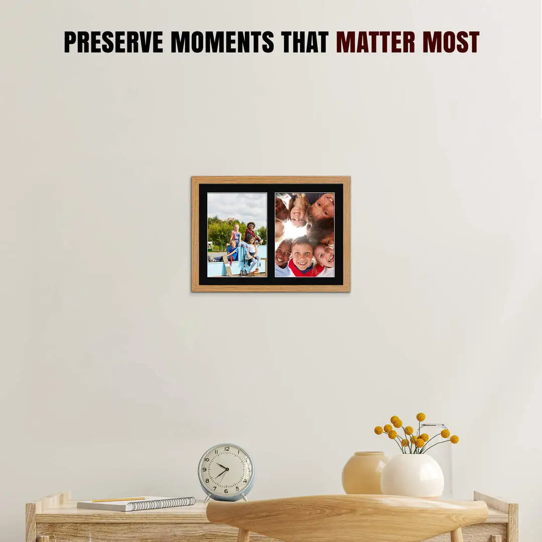20x14" Oak Modern Multi Aperture Photo Frame Holds A4 (x2) Photos With Black Mount | Modern Collage Frame thumbnail 2