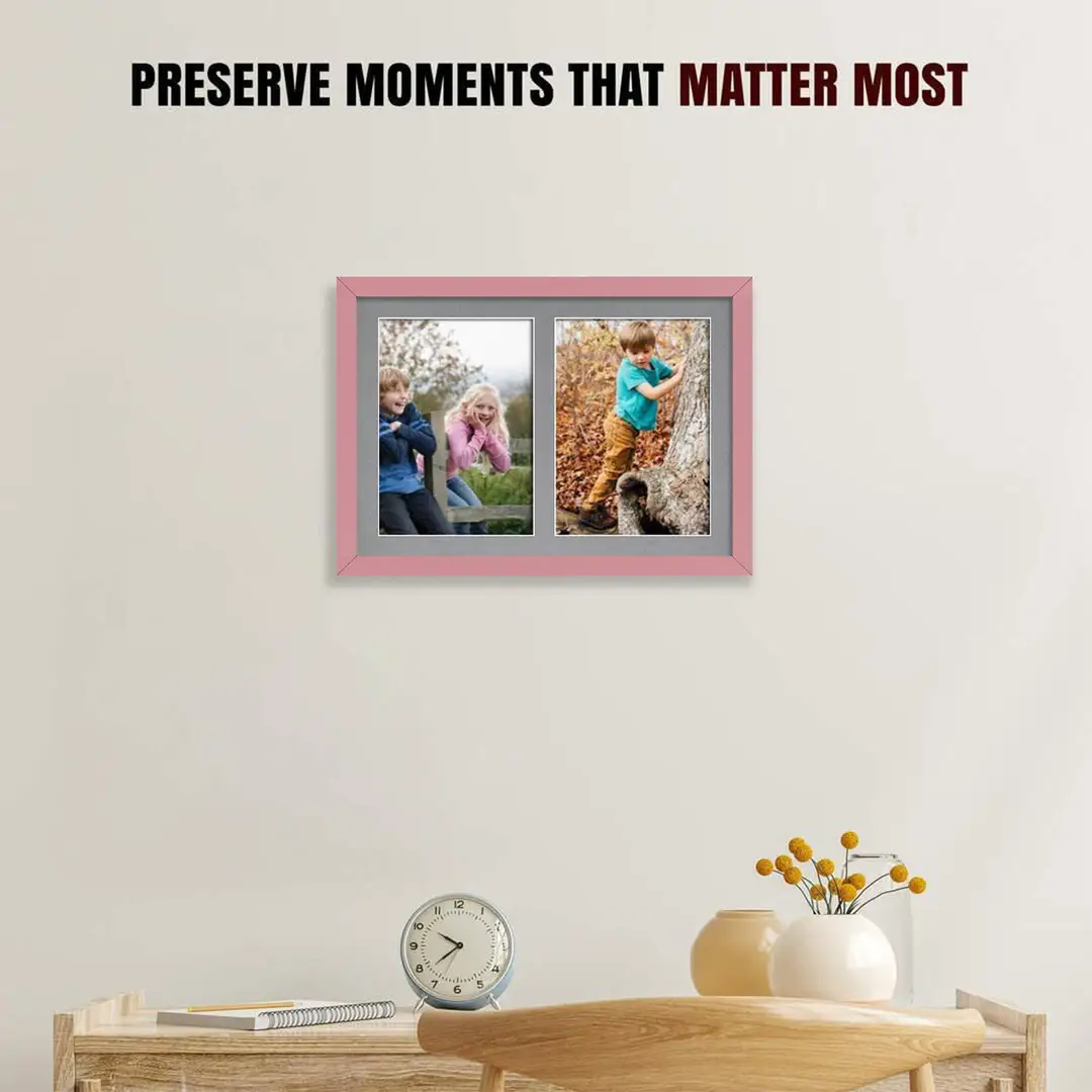 20x14" Pastel Pink Modern Multi Aperture Photo Frame Holds A4 (x2) Photos With Mid Grey Mount | Modern Collage Frame thumbnail 2