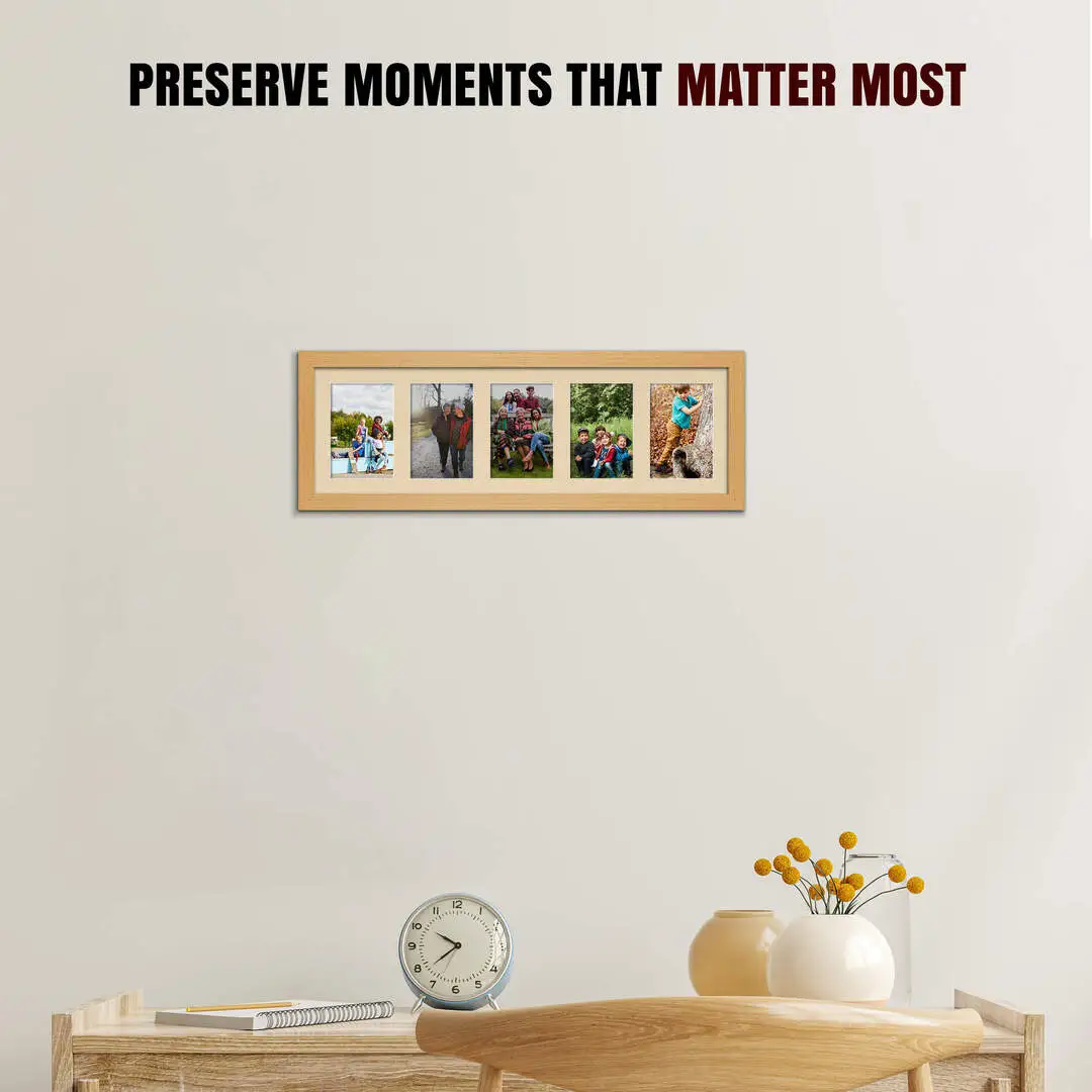 26x8" Country Pine Modern Multi Aperture Photo Frame - Fits 6x4" (x5) Photos | Collage Frame thumbnail 2