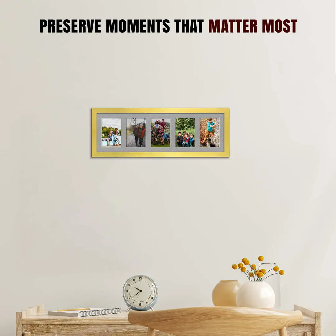26x8" Gold Modern Multi Aperture Photo Frame Holds 6x4" (x5) Photos With Silver Mount | Modern Collage Frame thumbnail 2