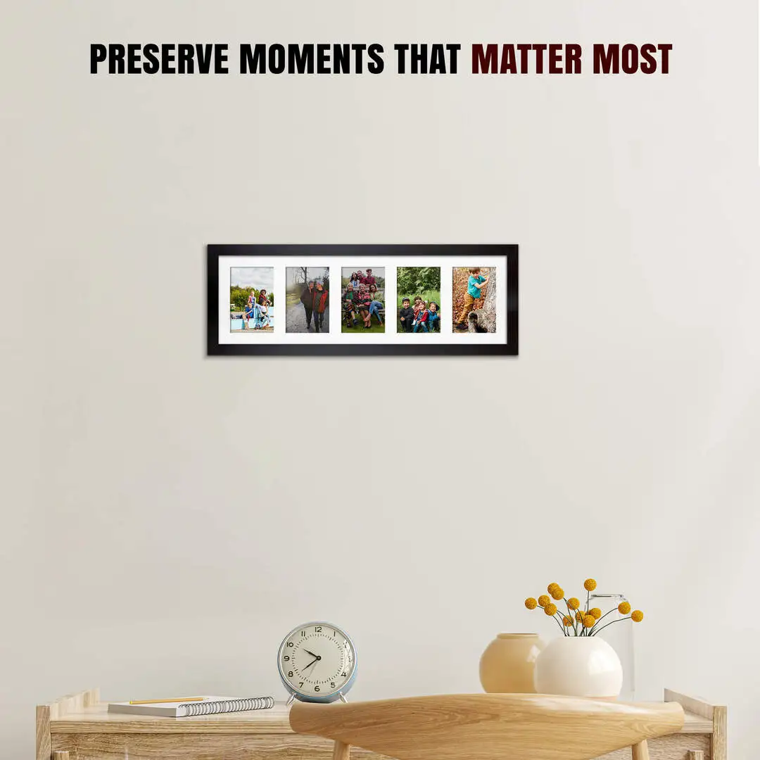 26x8" Modern Mat Black Multi Aperture Photo Frame - Fits 6x4" (x5) Photos | Collage Frame thumbnail 2