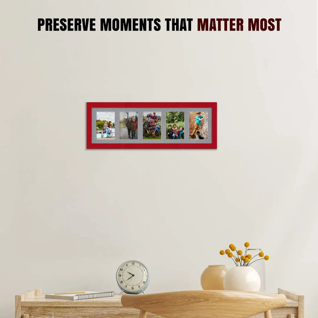 26x8" Red Modern Multi Aperture Photo Frame Holds 6x4" (x5) Photos With Mid Grey Mount | Modern Collage Frame thumbnail 2