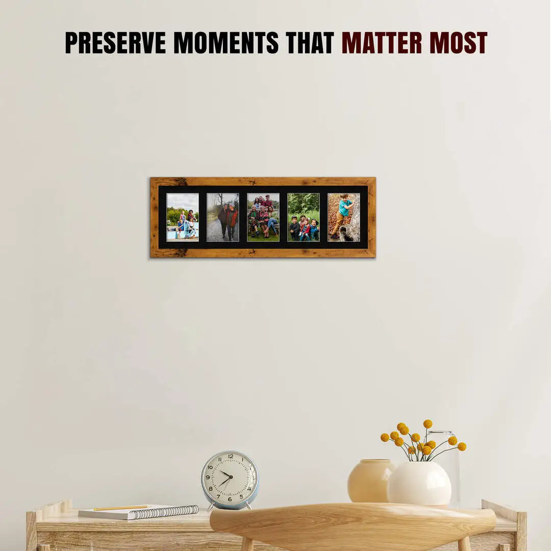 26x8" Rustic Oak Modern Multi Aperture Photo Frame - Fits 6x4" (x5) Photos | Collage Frame thumbnail 2