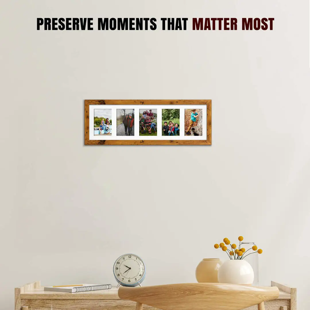 26x8" Modern Rustic Oak Multi Aperture Photo Frame - Fits 6x4" (x5) Photos | Collage Frame thumbnail 2