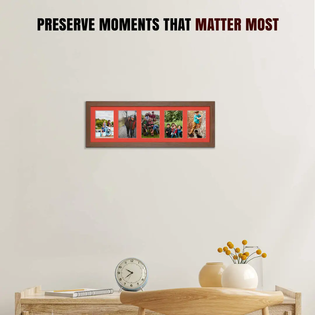 26x8" Walnut Modern Multi Aperture Photo Frame - Fits 6x4" (x5) Photos | Collage Frame thumbnail 2