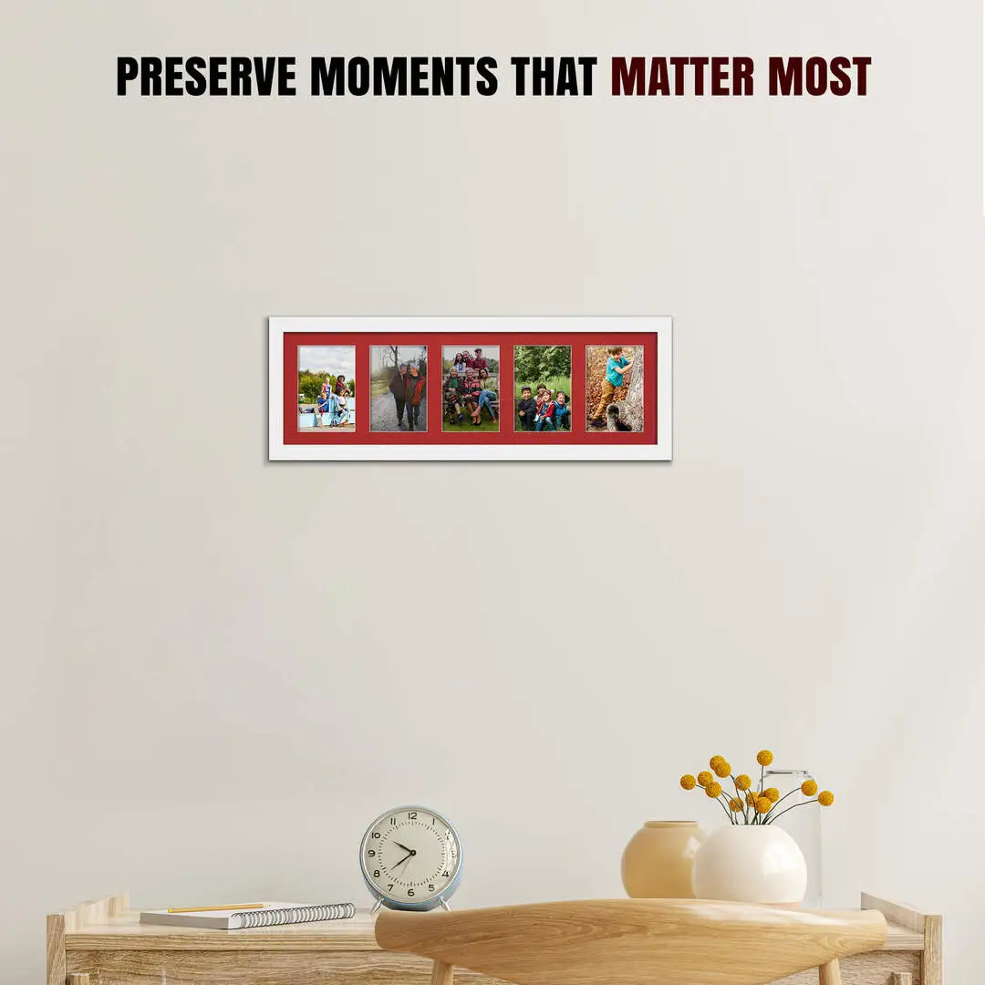 26x8" White Modern Multi Aperture Photo Frame Holds 6x4" (x5) Photos With Crimson Mount | Modern Collage Frame thumbnail 2