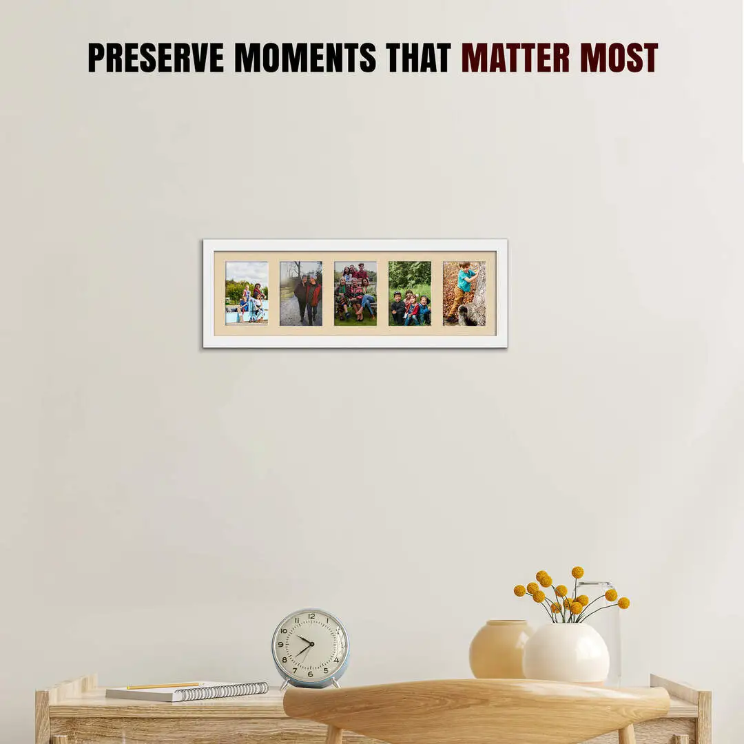 26x8" White Modern Multi Aperture Photo Frame Holds 6x4" (x5) Photos With Ivory Mount | Modern Collage Frame thumbnail 2