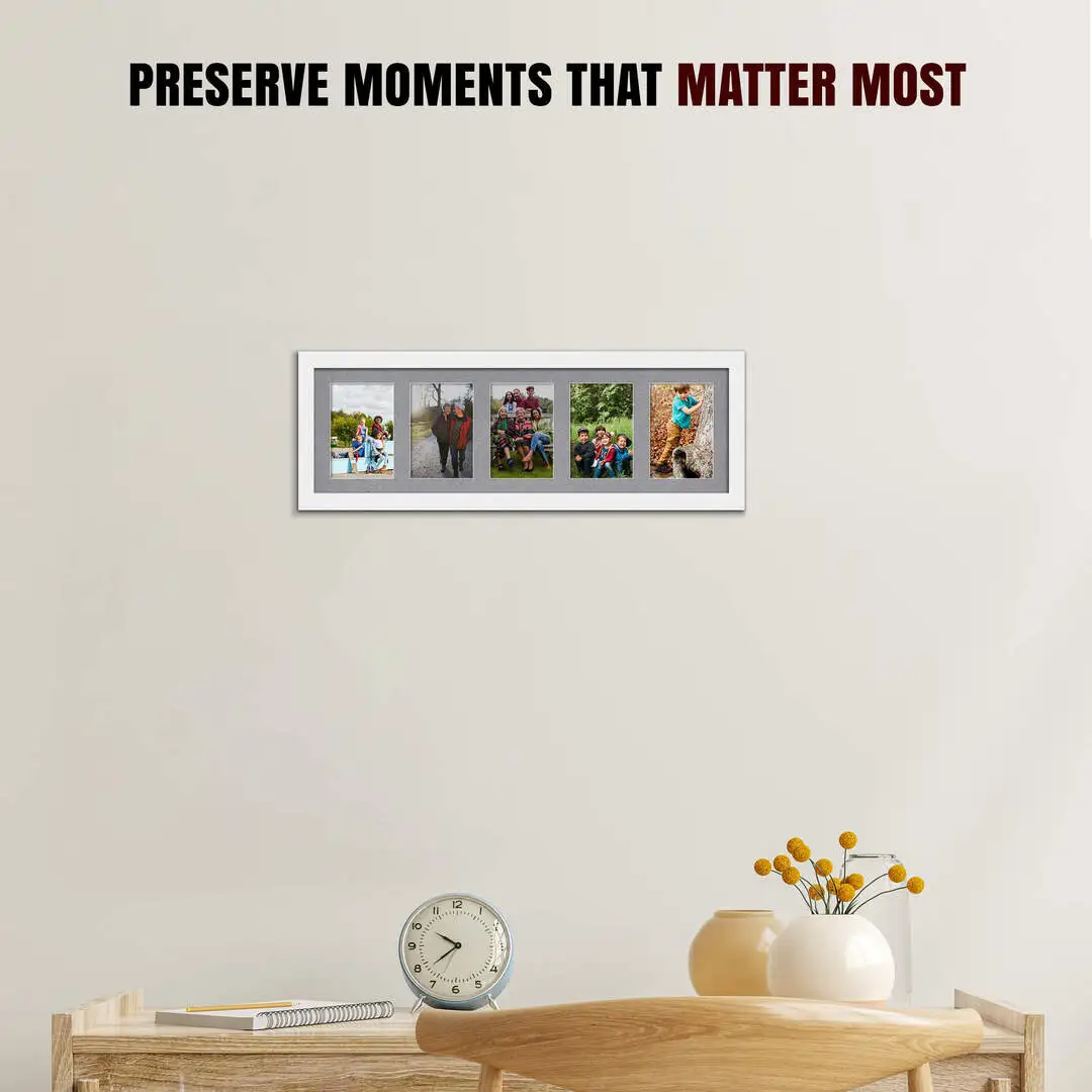26x8" White Modern Multi Aperture Photo Frame Holds 6x4" (x5) Photos With Mid Grey Mount | Modern Collage Frame thumbnail 2