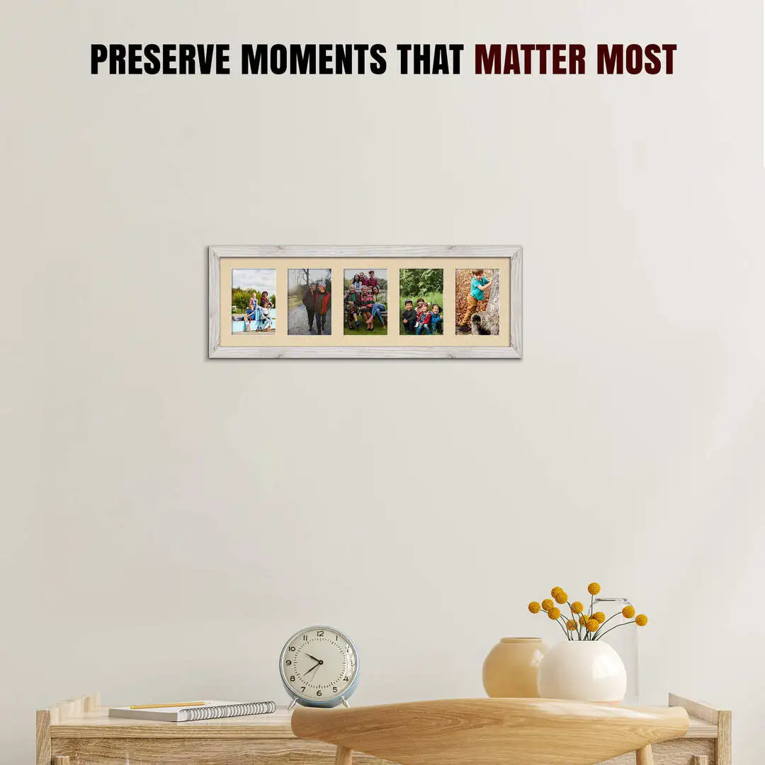 26x8" Modern White Rustic Multi Aperture Photo Frame - Fits 6x4" (x5) Photos | Collage Frame thumbnail 2
