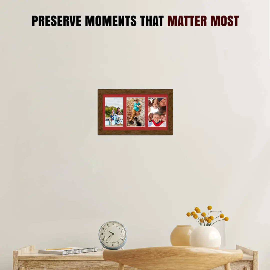 40x20cm Dark Oak Modern Multi Aperture Photo Frame Holds 6x4" (x3) Photos With Crimson Mount | Modern Collage Frame thumbnail 2