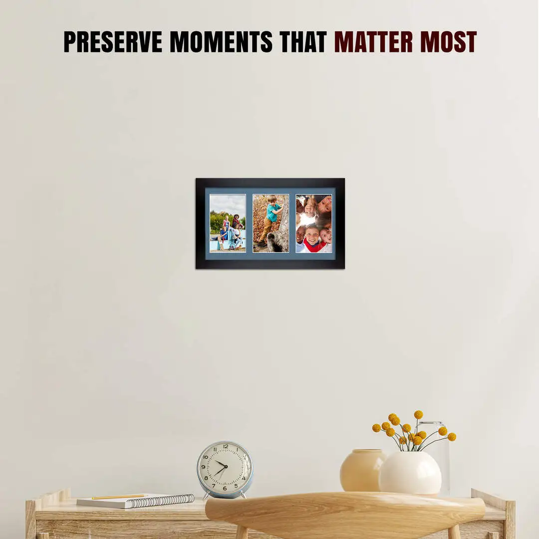 40x20cm Mat Black Modern Multi Aperture Photo Frame Holds 6x4" (x3) Photos With Pompador Mount | Modern Collage Frame thumbnail 2