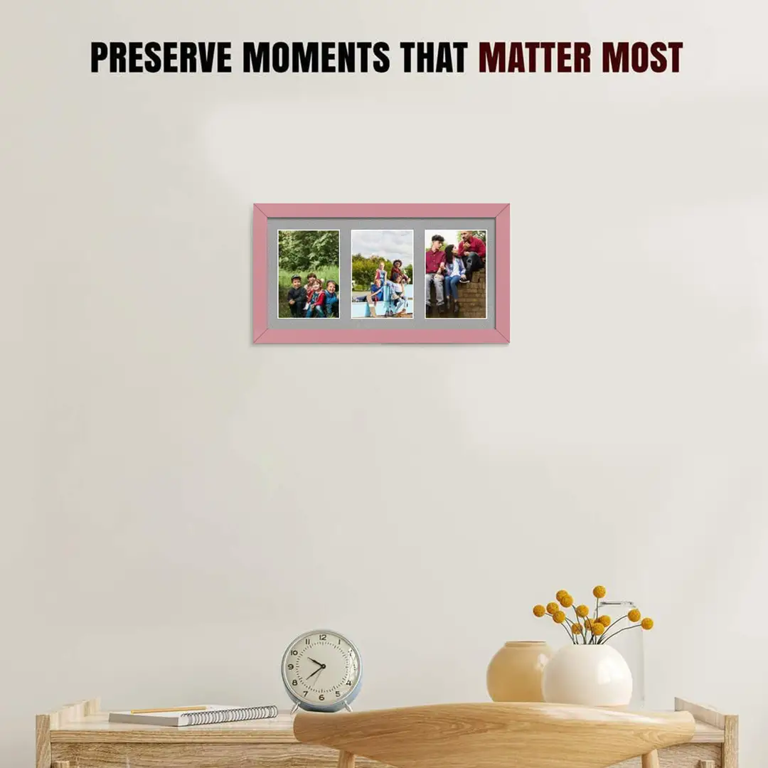 40x20cm Pastel Pink Modern Multi Aperture Photo Frame Holds 6x4" (x3) Photos With Silver Mount | Modern Collage Frame thumbnail 2
