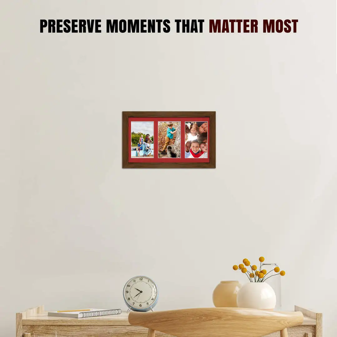 40x20cm Walnut Modern Multi Aperture Photo Frame Holds 6x4" (x3) Photos With Crimson Mount | Modern Collage Frame thumbnail 2
