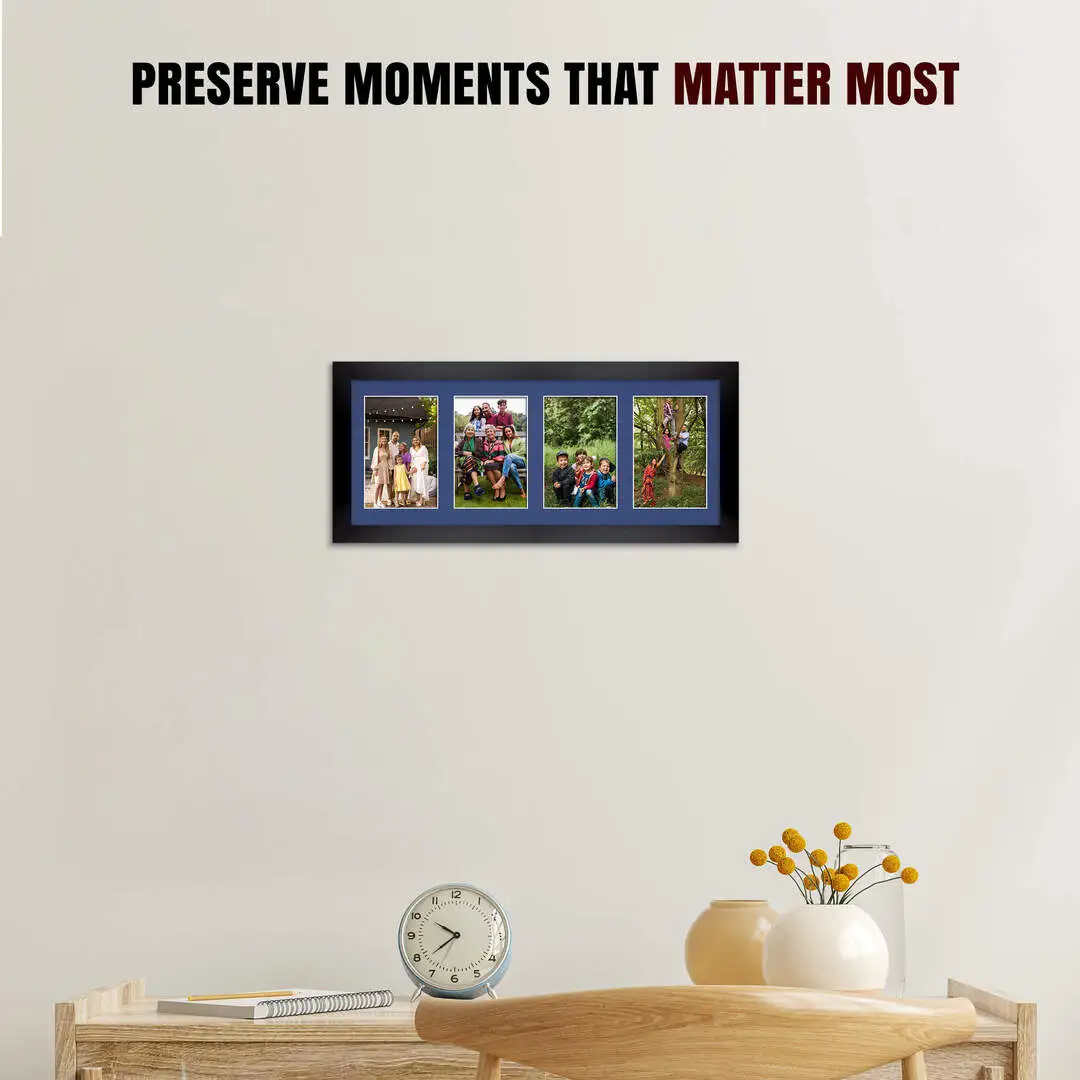 50x20cm Matte Black Modern Multi Aperture Photo Frame Holds 6x4" (x4) Photos With Blue Mount | Modern Collage Frame thumbnail 2