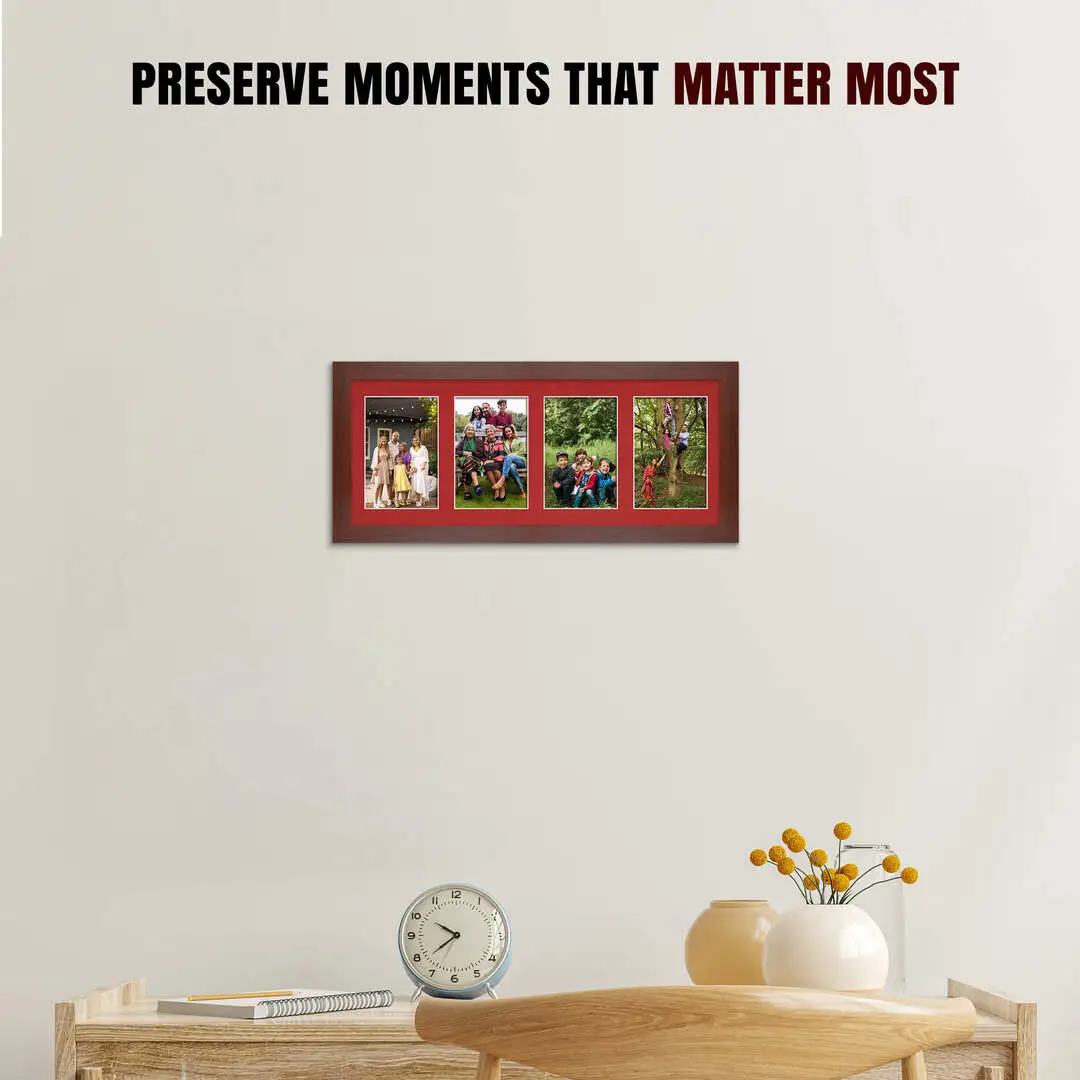 50x20cm Rose Wood Modern Multi Aperture Photo Frame Holds 6x4" (x4) Photos With Crimson Mount | Modern Collage Frame thumbnail 2