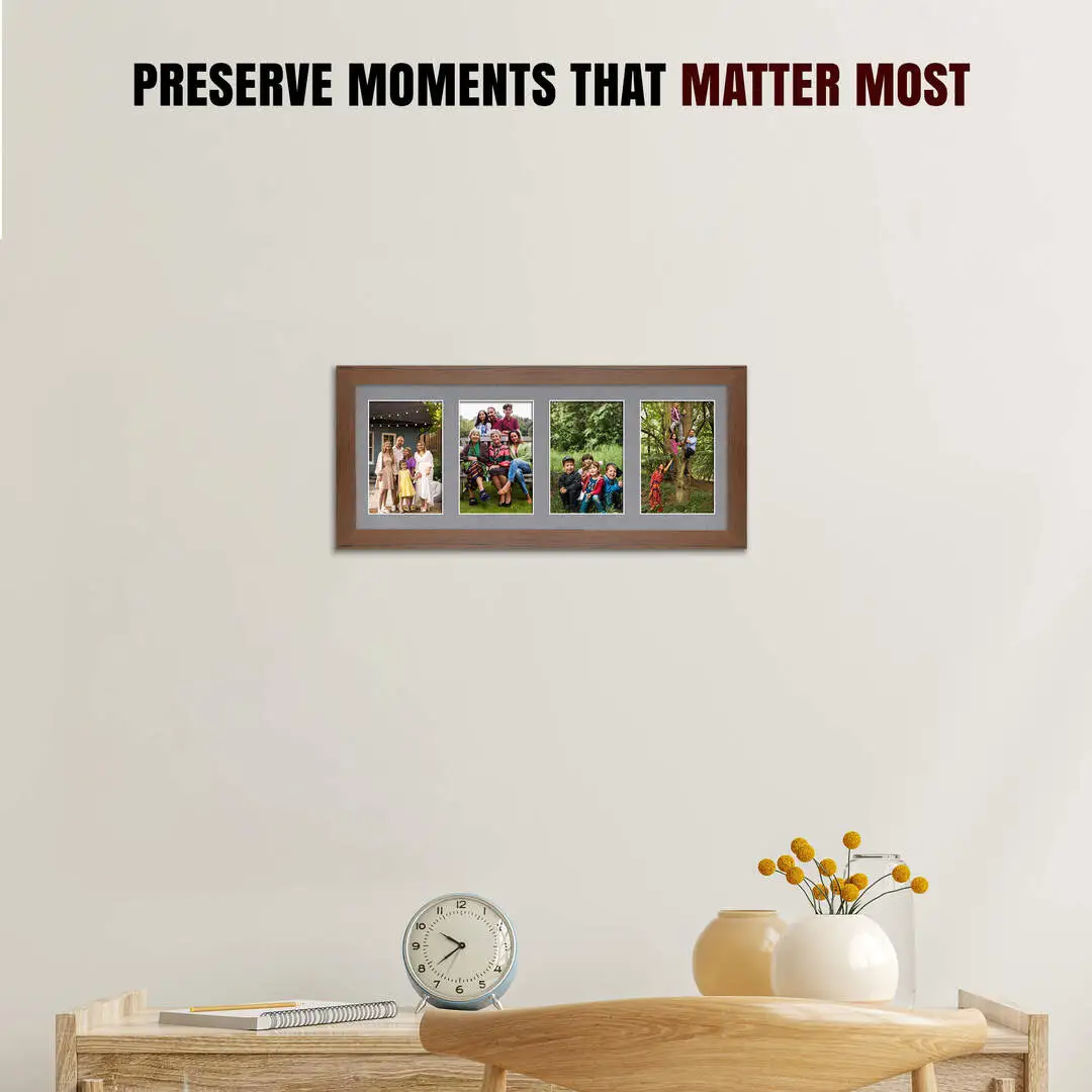 50x20cm Walnut Modern Multi Aperture Photo Frame Holds 6x4" (x4) Photos With Mid Grey Mount | Modern Collage Frame thumbnail 2