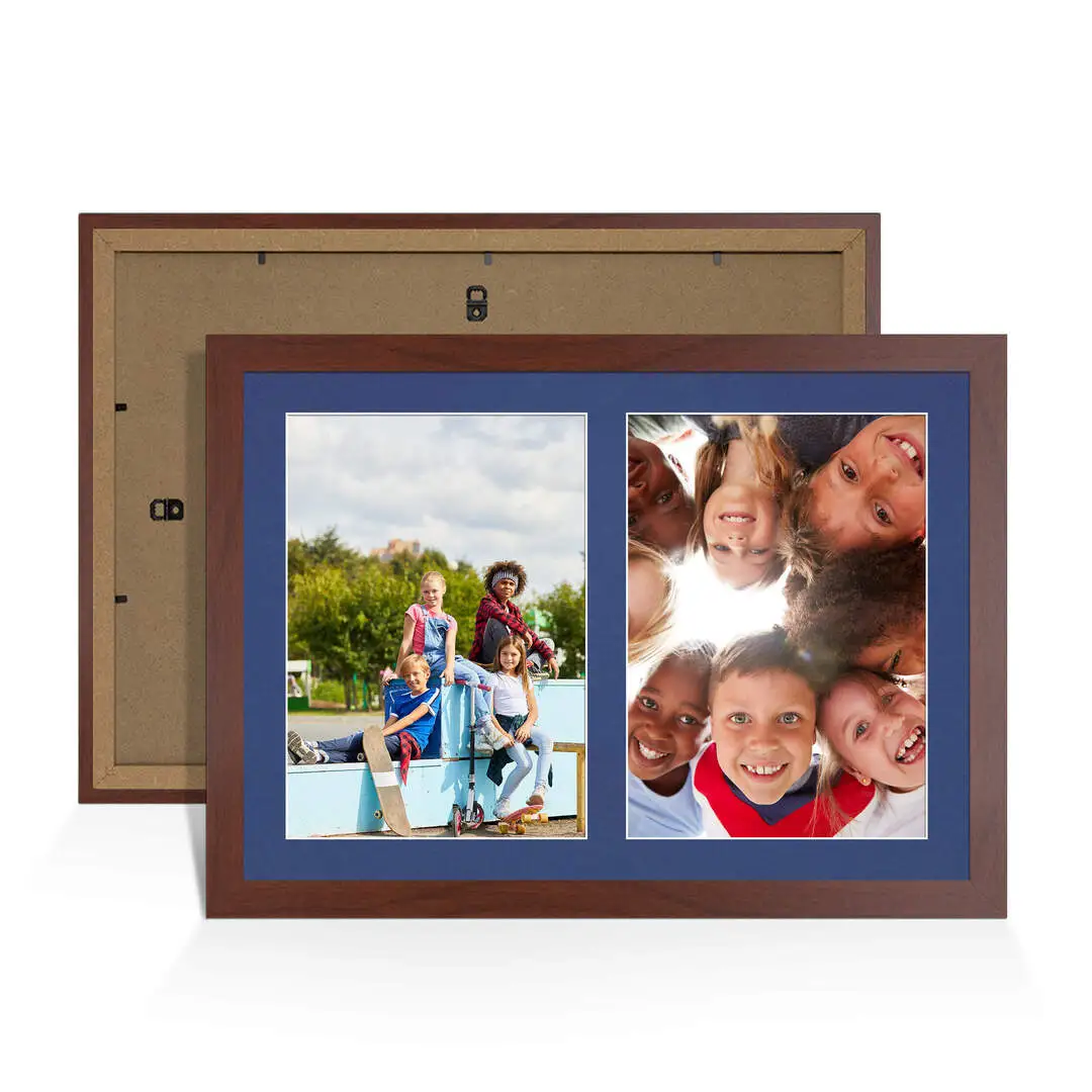 20x14" Rose Wood Modern Multi Aperture Photo Frame Holds A4 (x2) Photos With Blue Mount | Modern Collage Frame