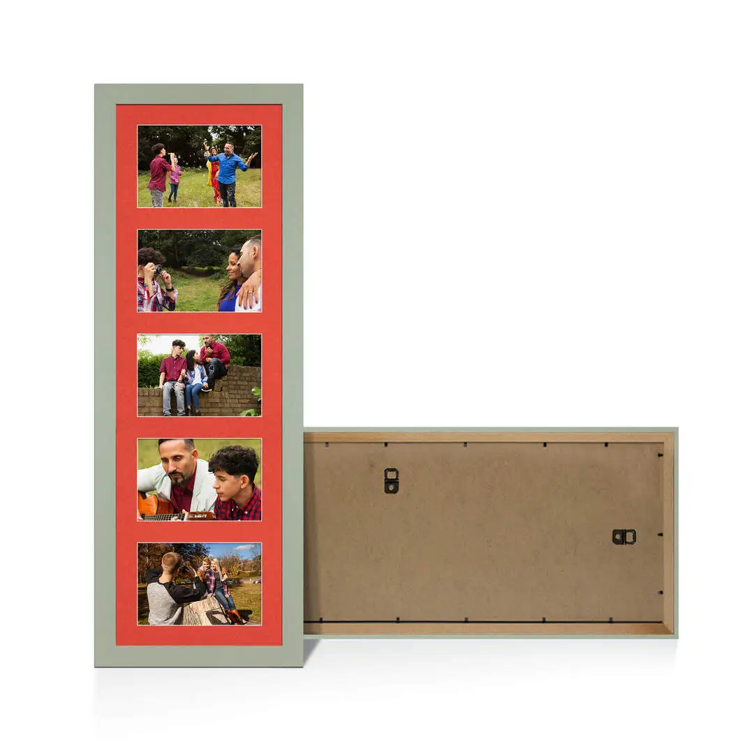 26x8" Green Modern Multi Aperture Photo Frame Holds 6x4" (x5) Photos With Poppy Red Mount | Modern Collage Frame