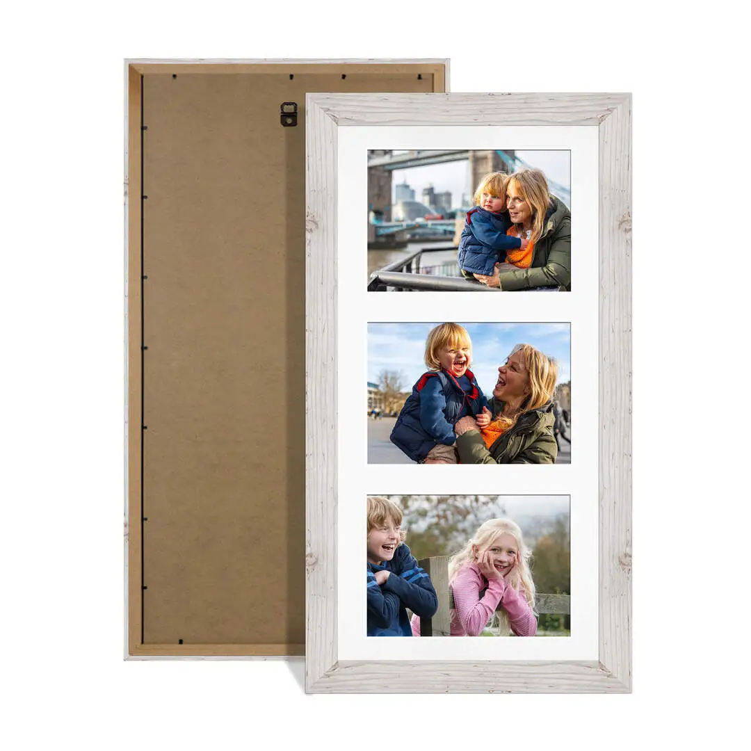 40x20cm White Rustic Modern Multi Aperture Photo Frame Holds 6x4" (x3) Photos With Ice White Mount | Modern Collage Frame