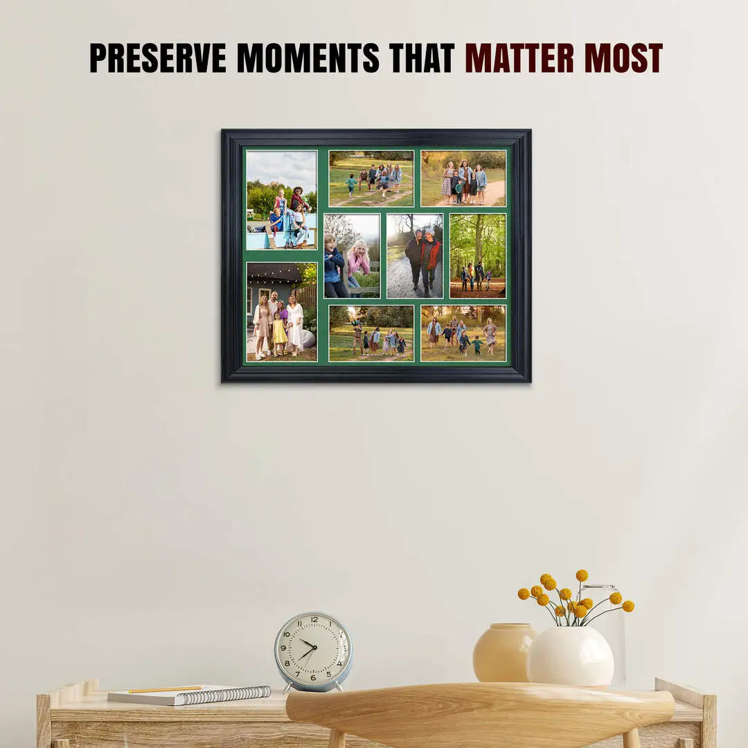 20x16" Black Classic Multi Aperture Photo Frame Holds 7x5" (x2) & 6x4" (x7) Photos With Emerald (Green) Mount | Modern Collage Frame thumbnail 2