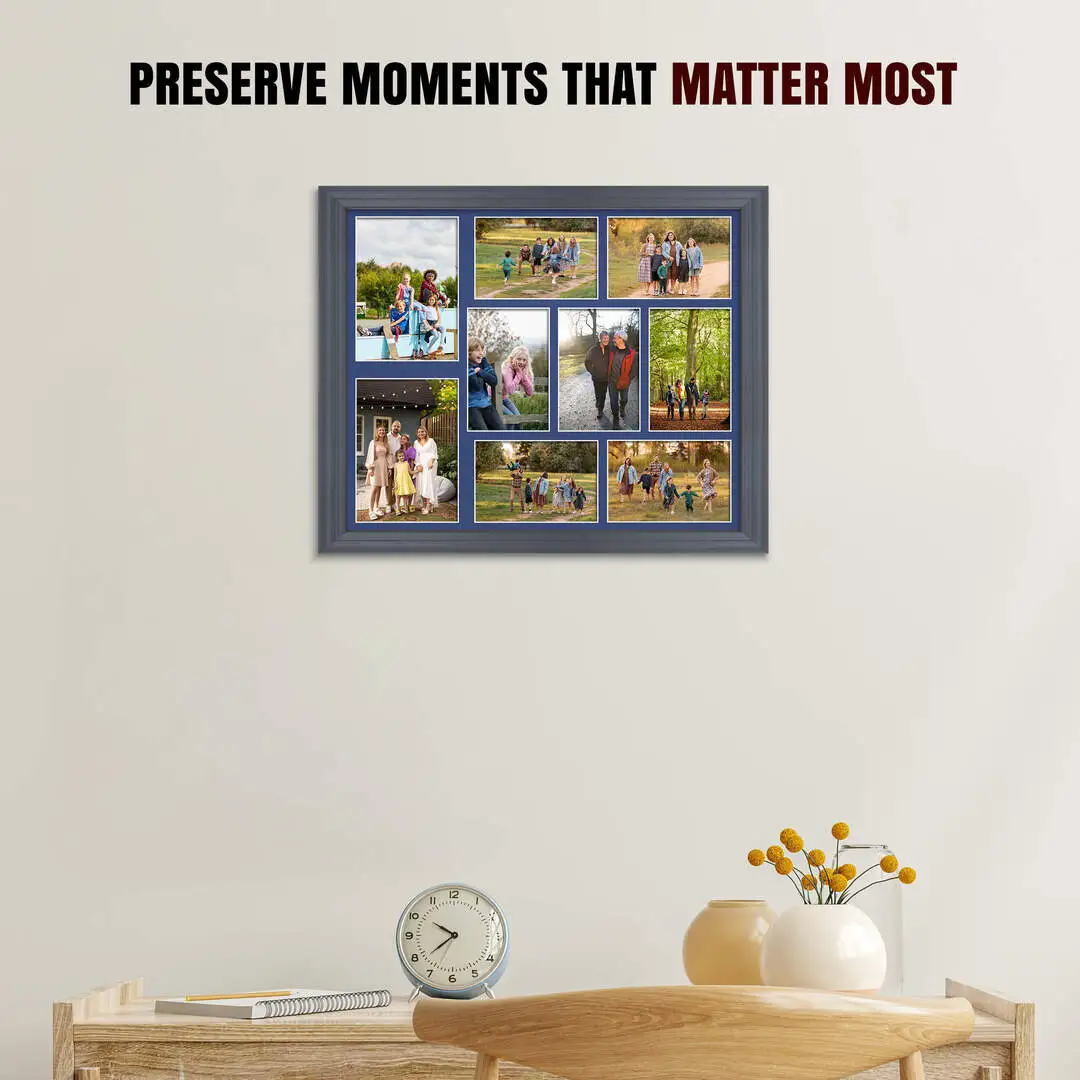20x16" Dark Grey Classic Multi Aperture Photo Frame Holds 7x5" (x2) & 6x4" (x7) Photos With Blue Mount | Modern Collage Frame thumbnail 2